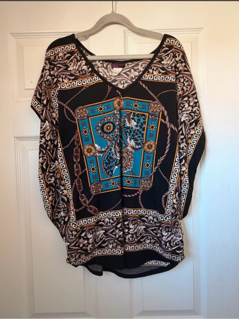 Agenda Black and Teal Printed V-Neck Tunic